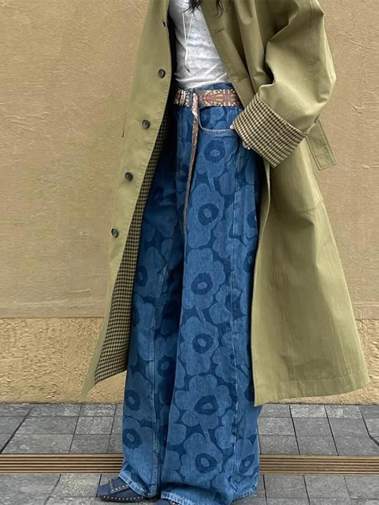 

Vintage Print Floor Length Denim Pants Women Loose High Waist Wide Leg Zipper Pockets Pant 2025 Spring Lady Chic Streetwears New