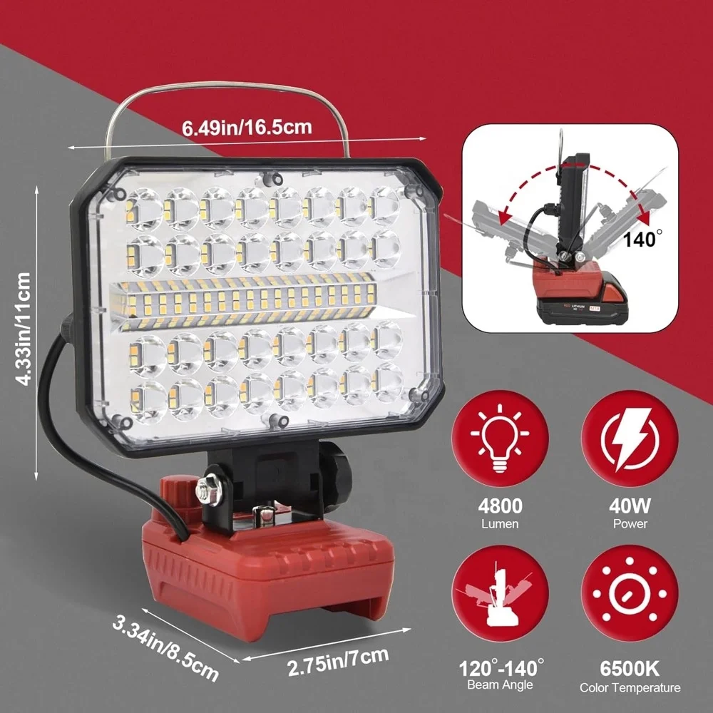 40W 4000LM Portable 18V DC LED work light with USB ype-C charging port, rechargeable, dimmable, suitable for workshop use