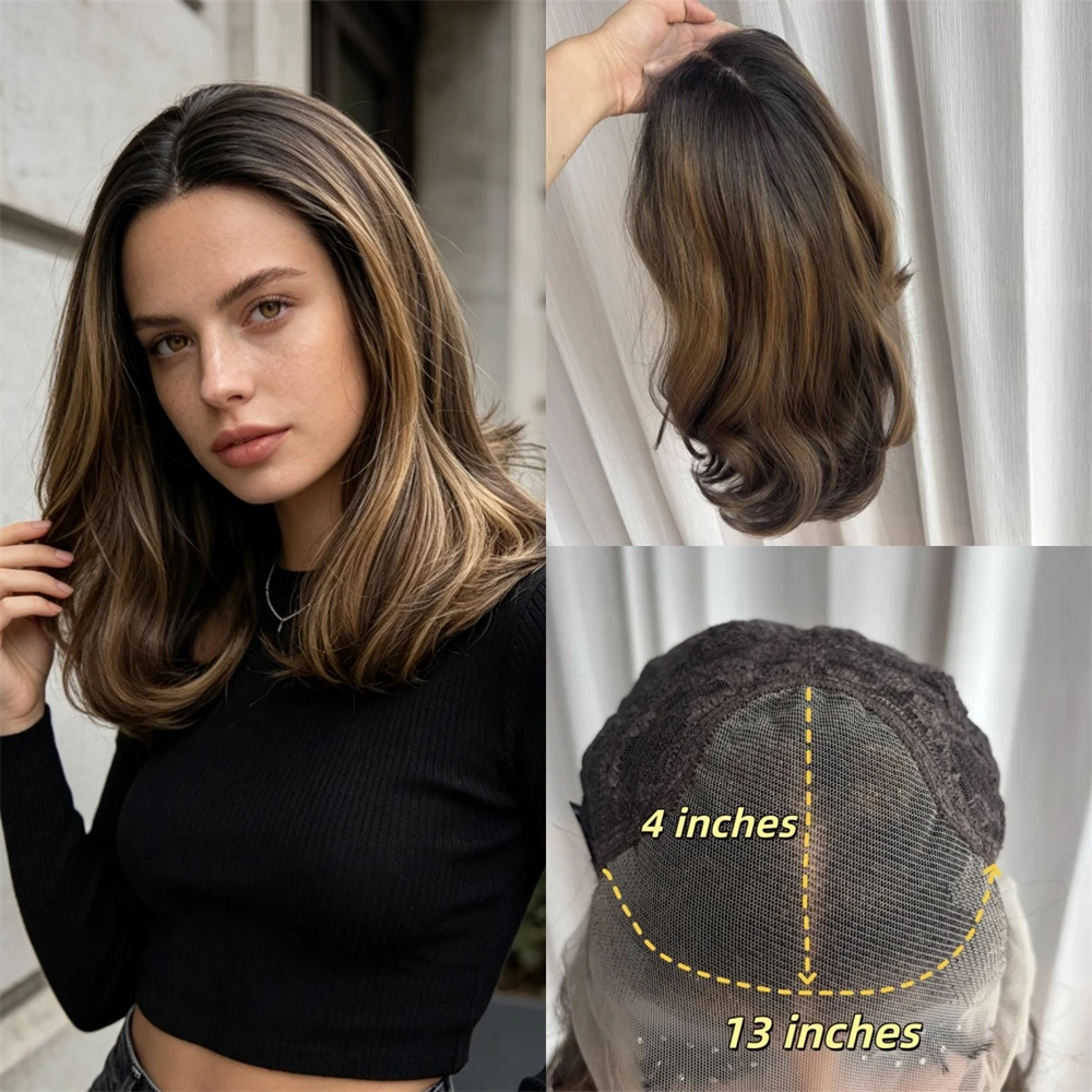 Ombre Honey Brown Synthetic HD Lace Front Wig Long Wave Wig Mixed Human Hair Glueless Preplucked Hairline Soft Short Wave Bob