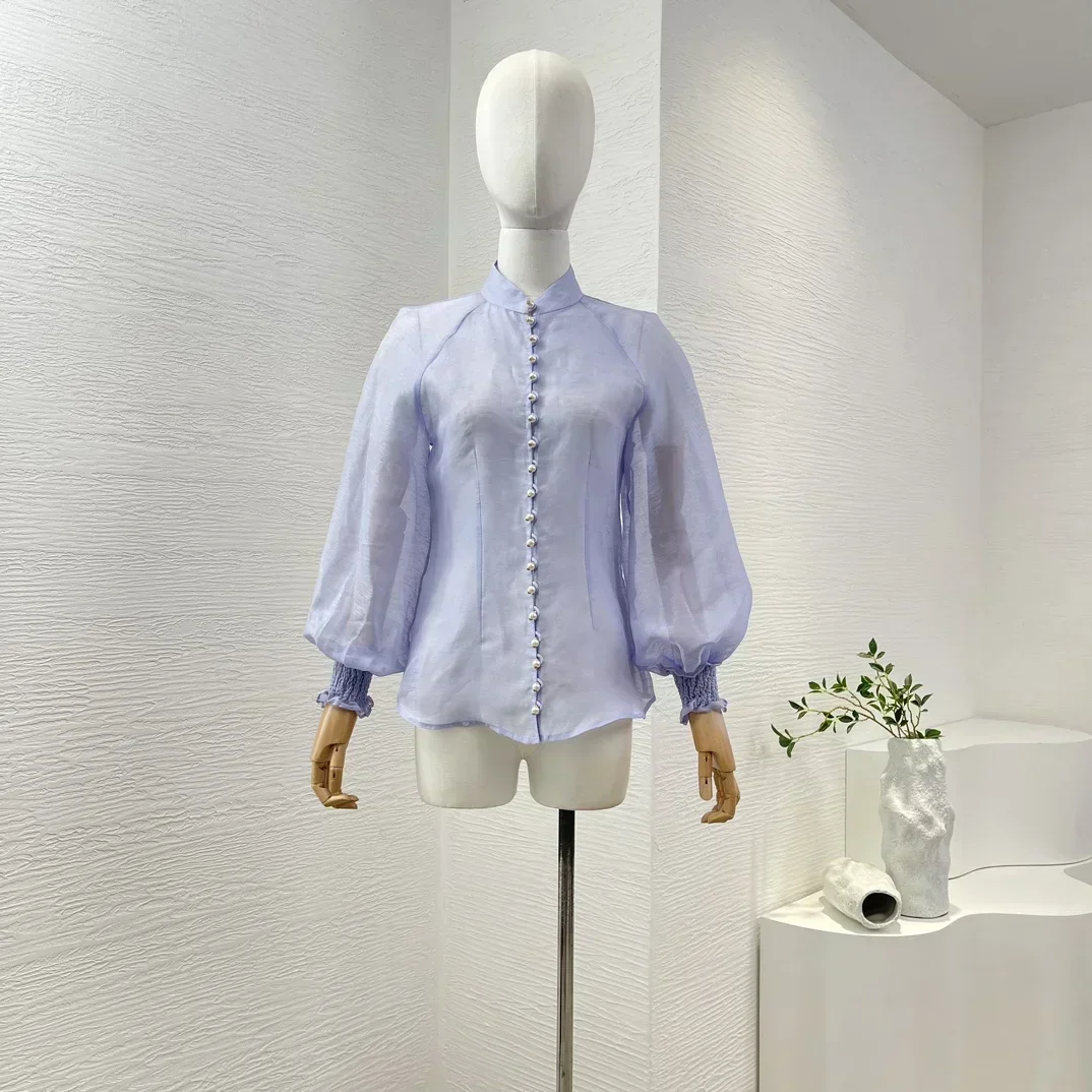 

White Casual All Matching New High Quality Silk Linen Pure White Long Lantern Sleeve Pearl Buttons Blue Blouse for Women
