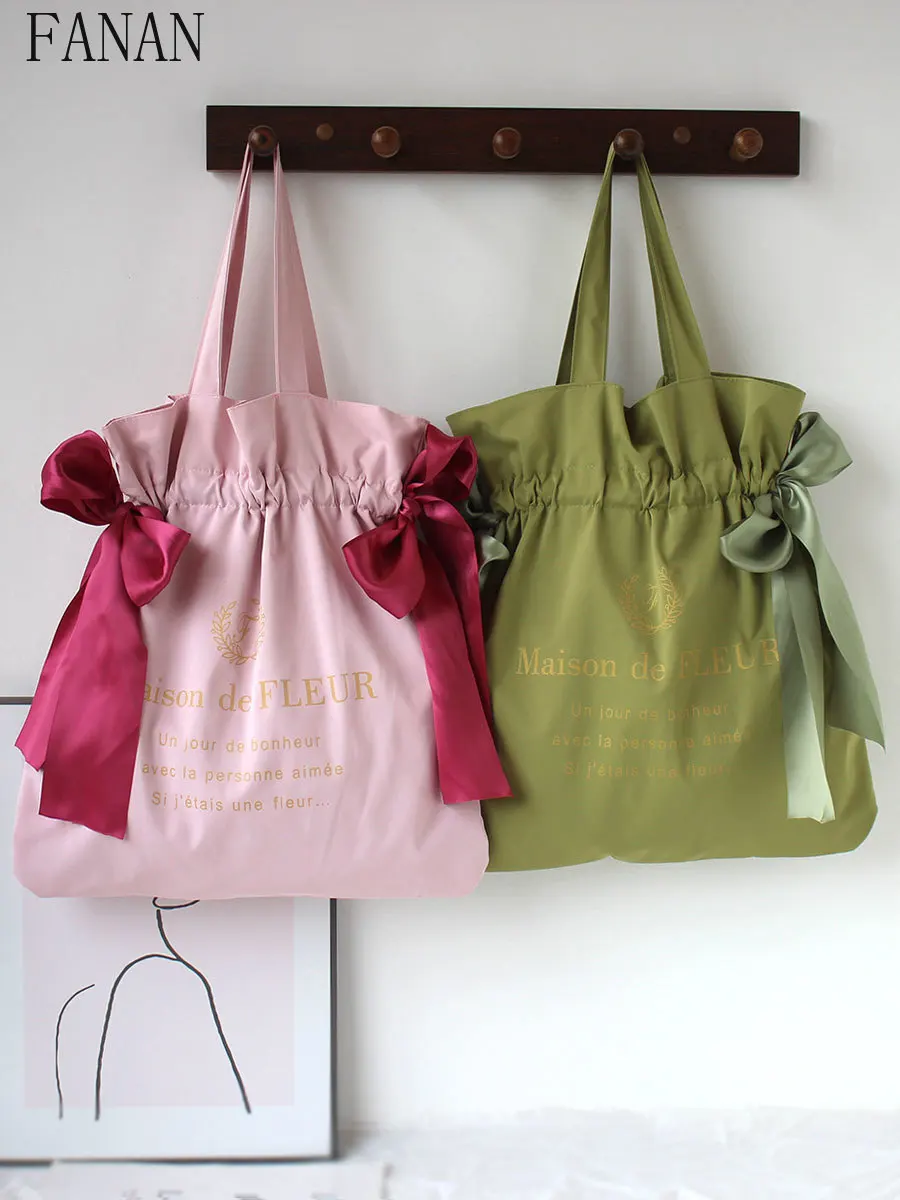 

Sweet Girl Ribbon Bow Cloth Shoulder Bag Japanese Style Cute Sweet Fashion Top-Handle Bags Elegant Casual Handbags for Women