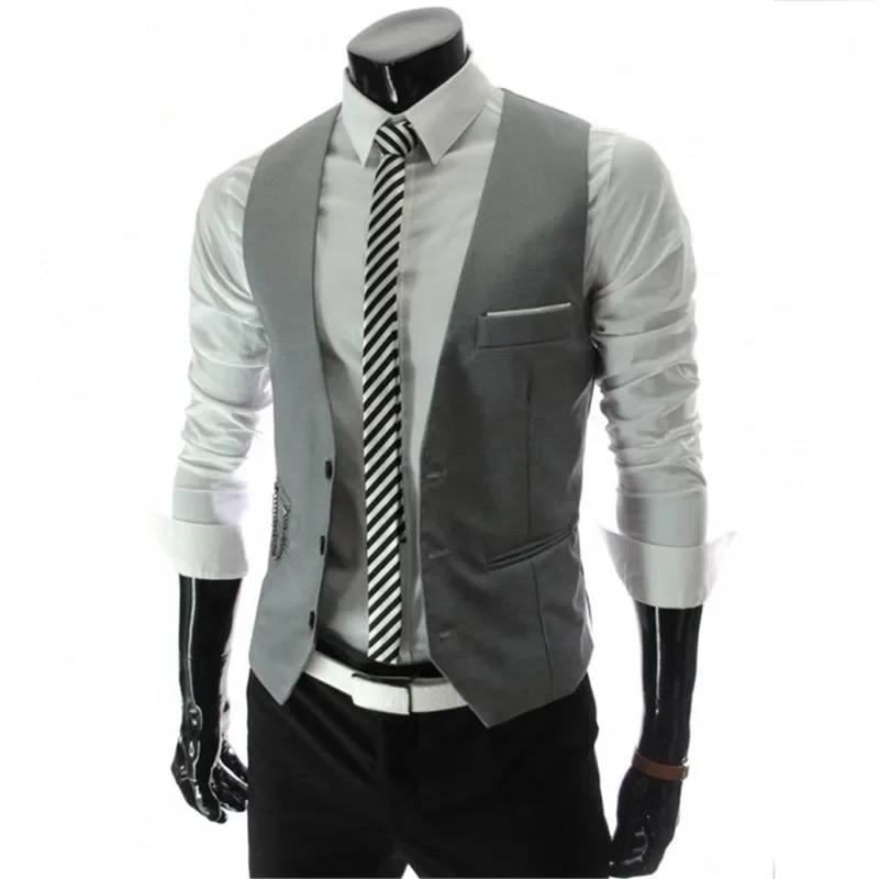 2023 Men\'s Slim Fit Suit Vest Solid Color Casual Sleeveless Vintage Vest Fashion Man Black Gray Formal Businss Waistcoat Homme