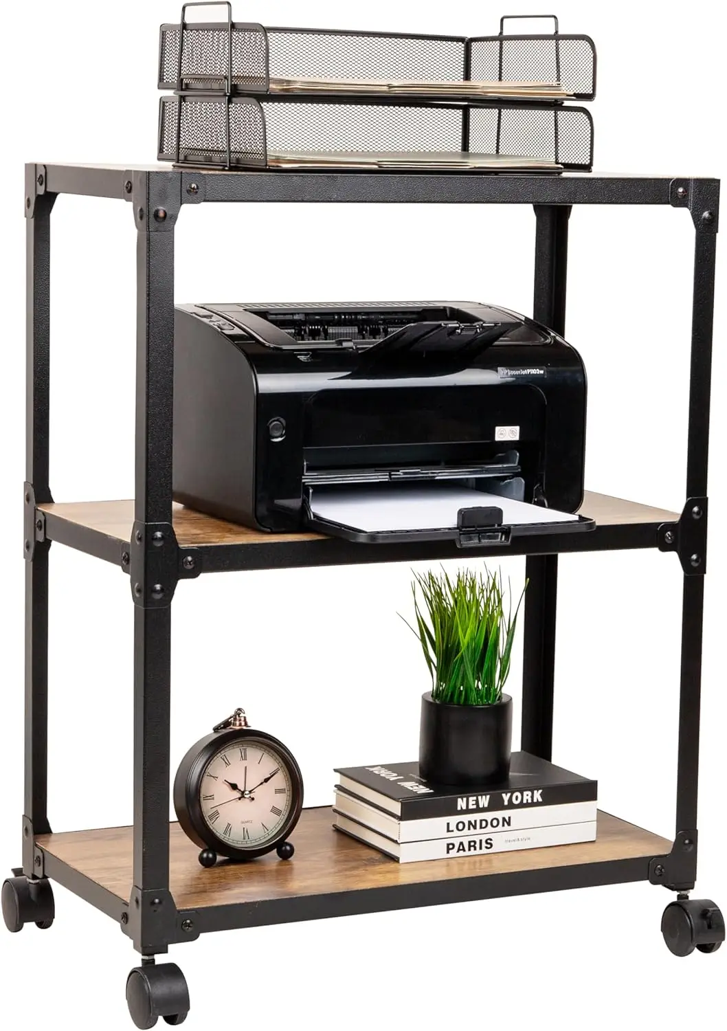 

Multipurpose Rolling Cart with 3 Tiers, Mobile Office Storage Organizer, Metal, MDF, Brown