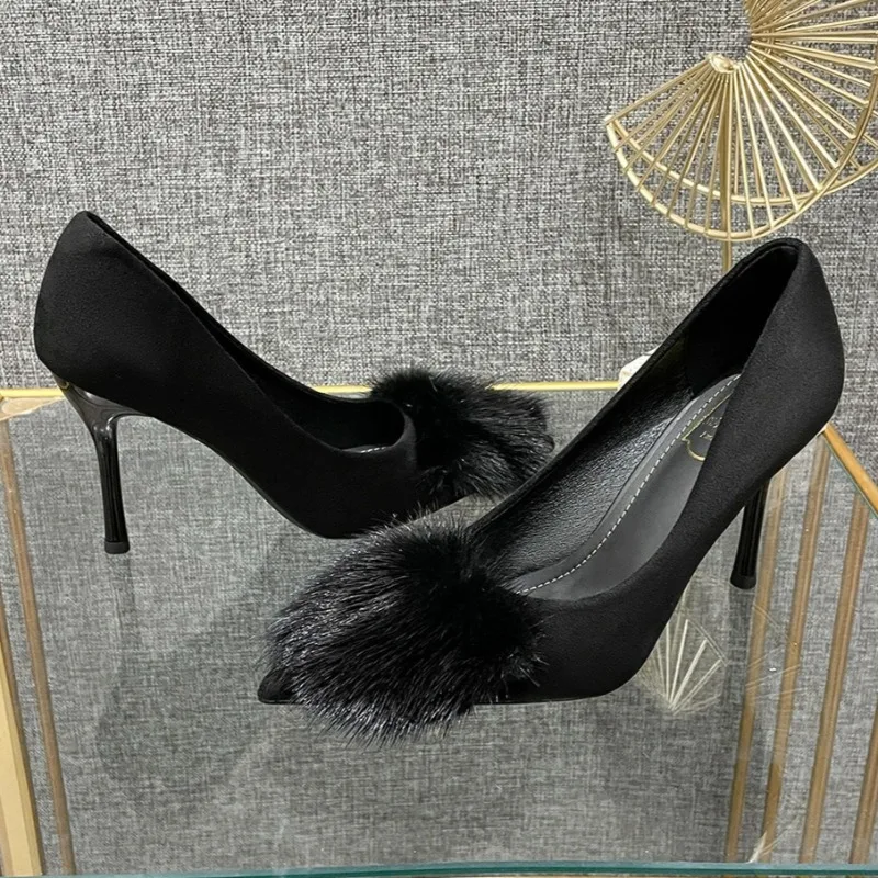 أسود شعري مزين مضخات النساء أنيقة أشار تو رقيقة صنادل عالية الكعب الفاخرة مأدبة أحذية مصممين Zapatos De Mujer #6