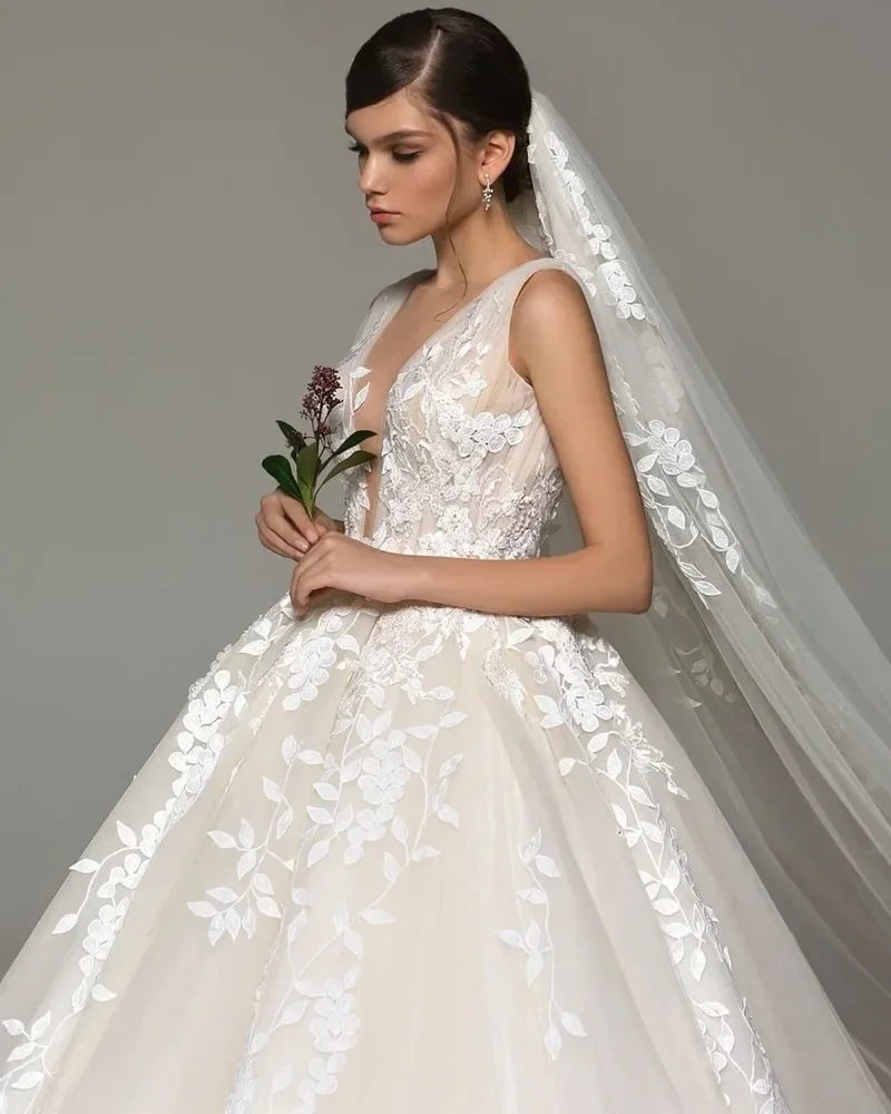 OL Appliques A-Line Wedding Dress Fashion Sleeveless Backless Bridal Gown Lace Customized Women's Dress Vestido De Novia