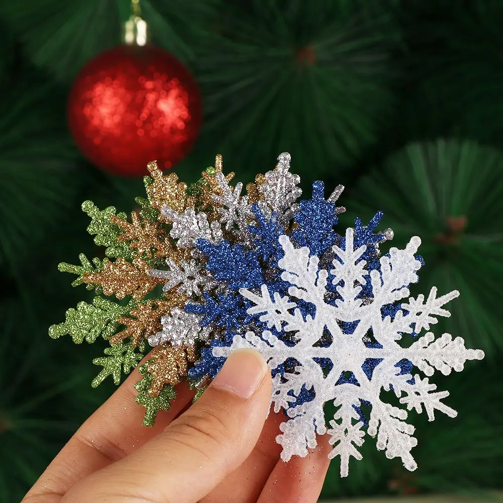 12PCS 7.5cm Gold Powder Snowflake for Xmas Charming White Christmas Tree Decor Xmas Party Holiday Christmas Ornaments Home Decor