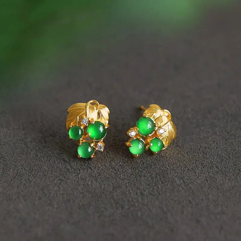 أقراط العنب الصغيرة من العقيق الطبيعي الطازج للنساء أقراط خضراء مستديرة من الخرز والمجوهرات الكلاسيكية والرائعة