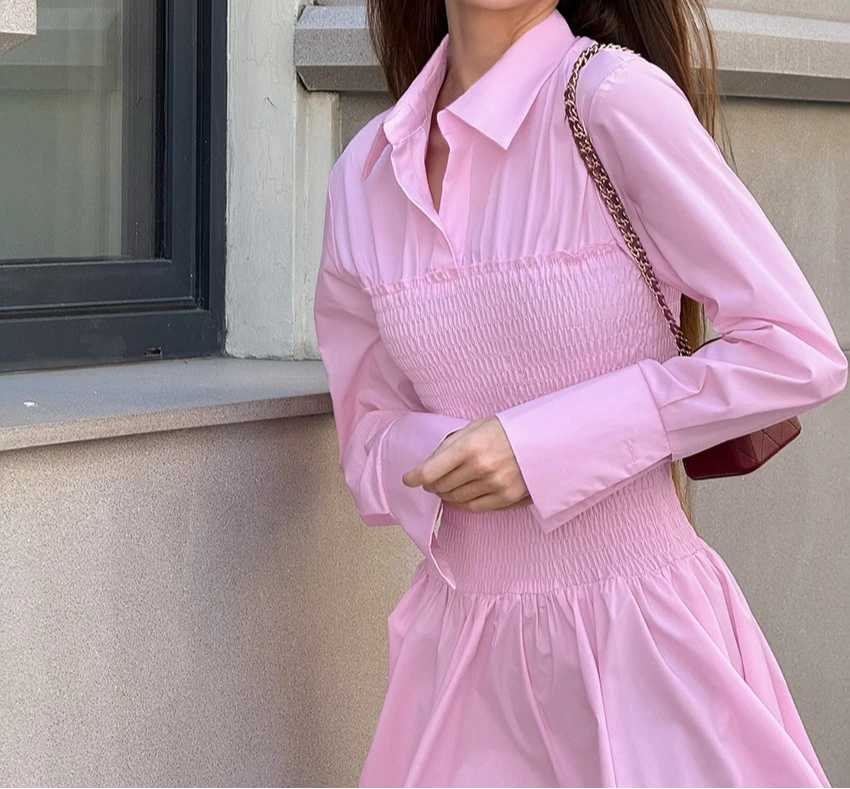 قميص بياقة للتنقل لخريف 2025، درجة عالية، خصر مخفي، أكمام طويلة، تنورة على شكل حرف A، تنورة قصيرة، ملابس نسائية