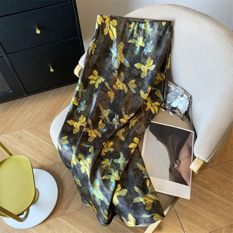 

Seoulish Vintage Floral Printed Women's Satin Umbrella Skirts 2025 New High Wasit Casual Loose A-line Long Skirts Female Summer