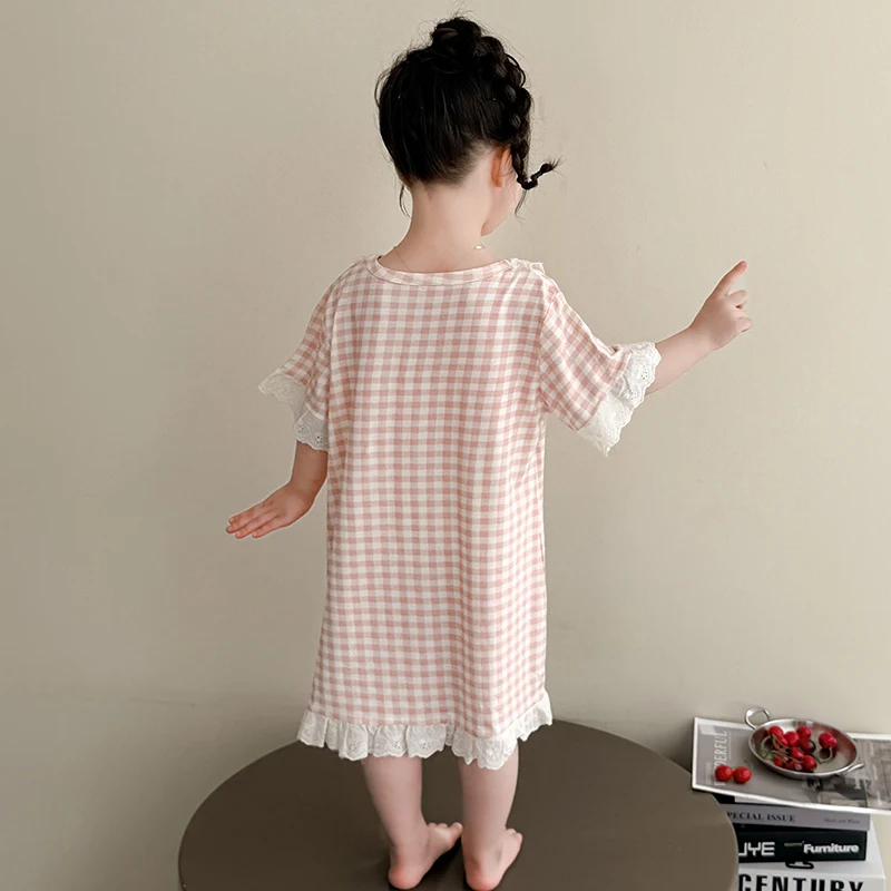 여자 원피스 잠옷 트윈 여자 줄무늬 잠옷 수면 반팔 셔츠 잠옷 공주 Nightdress 크기 2-9Y