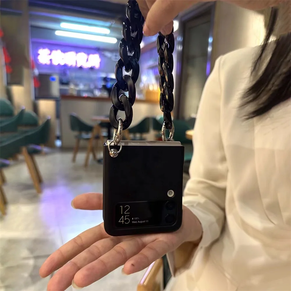 Black Acrylic Bracelet Leather Crossbody Long Strap Hard Matte Case For Samsung Galaxy Z Flip 7 6 5 3 4 5G Protective Back Cover