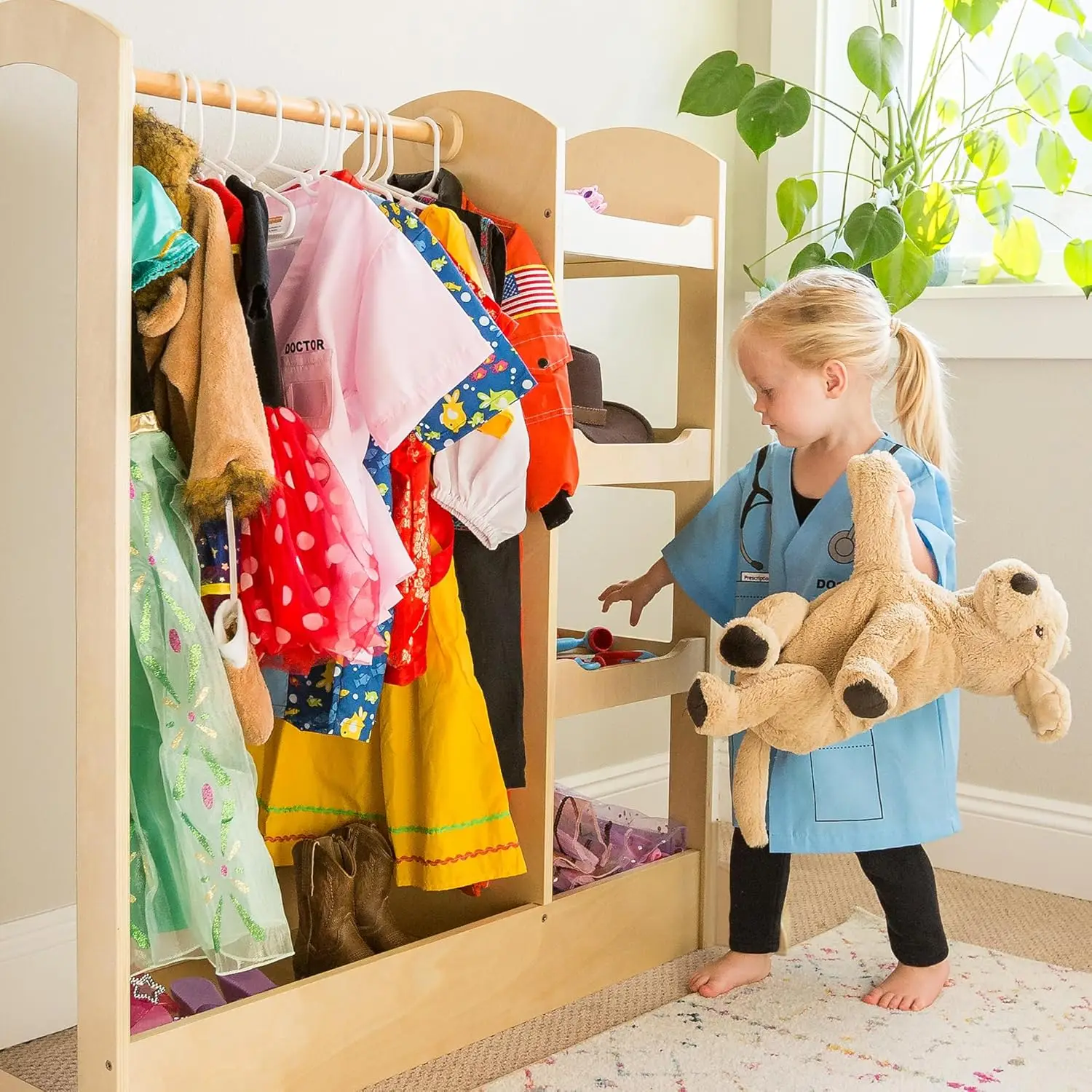 ee and Store Dress-up Center – Natural: Armoire for Kids with Mirror & Shelves, Clothes Rack and Shoe Storage Dresser with Botto