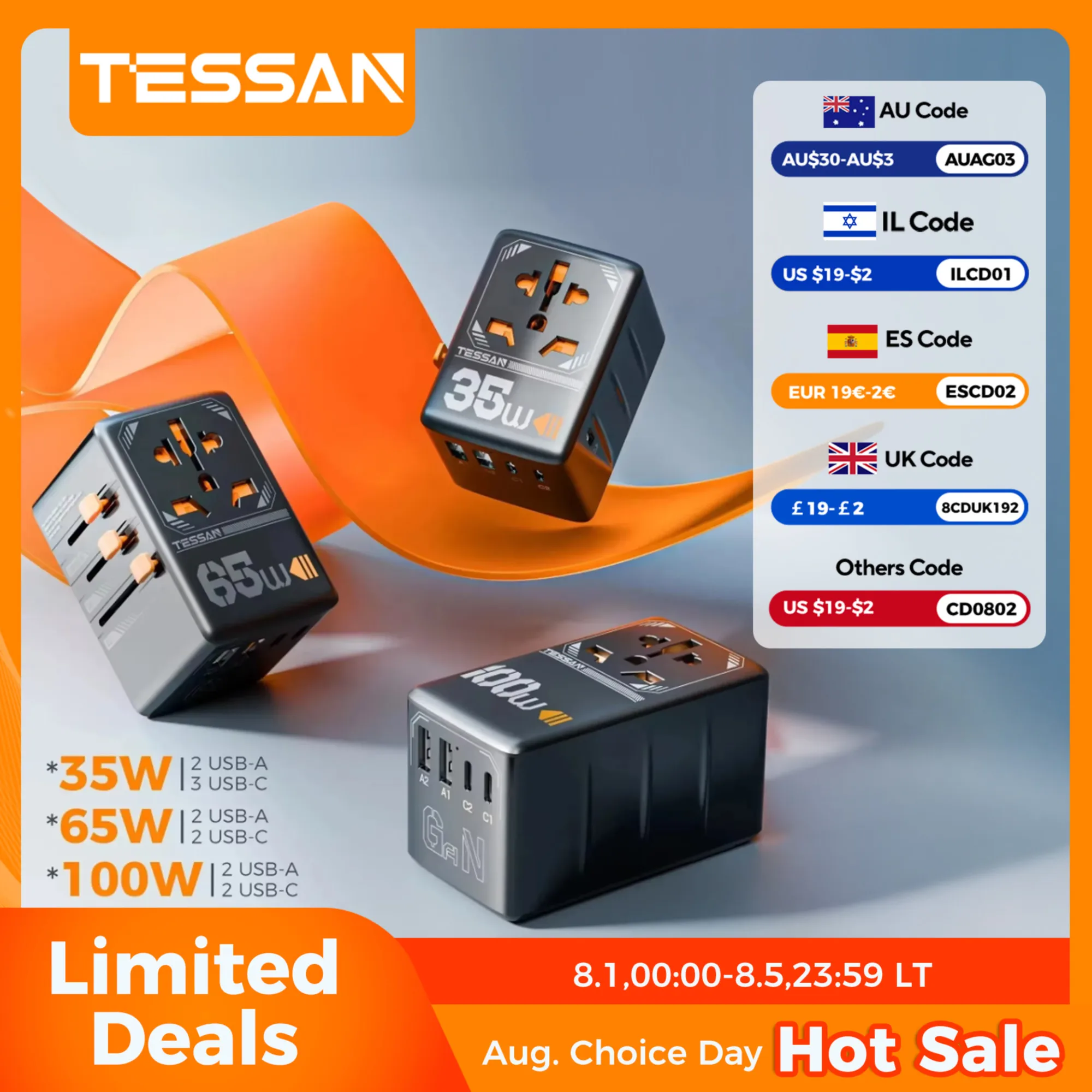 

Универсальный дорожный адаптер GaN TESSAN 100 Вт с USB и типа C, международный адаптер для быстрой зарядки, вилка стандарта ЕС/Великобритании/США/Австралии для путешествий