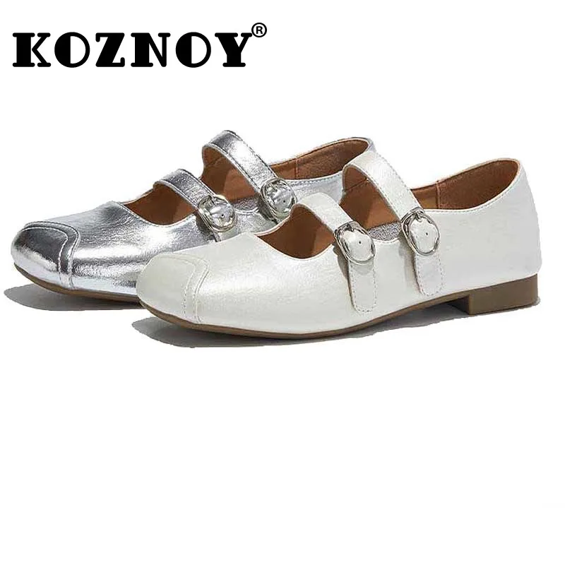 

Koznoy 2cm Patent Genuine Leather Flats Shoes Women Buckle Square Toe Moccasins Comfy Soft Soled Loafer Rubber Mary Jane Ethnic