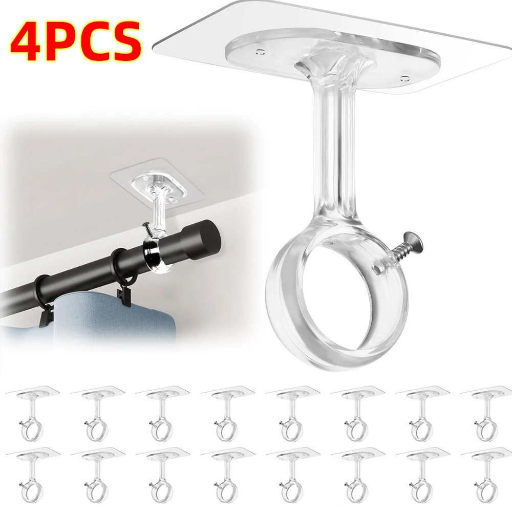  Non-Drilling Ceiling Mount Hook Curtain Rod Brackets Clip Adjustable Hooks for Wardrobe Window Self-Adhesive Wall Hook for Bla