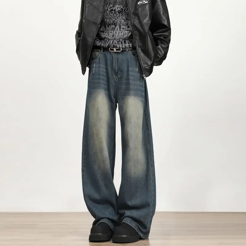 Men Washed Gradient Jeans High Waist Loose Wide Leg Vintage Denim Long Pants