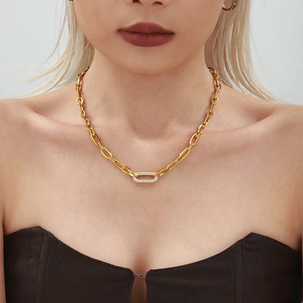 Titanium Steel Stainless Steel Micro Zircon Choker Necklace Bracelet Set for Women European Minimalist Elegant Jewelry