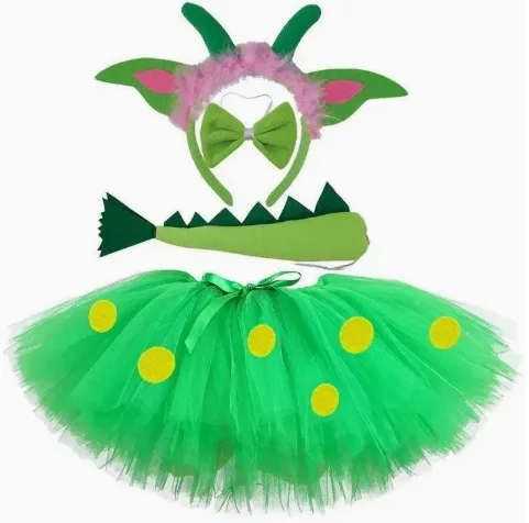Green Cute Cartoon Dinosaur Polka Dot Mesh Mini Skirt With Ears Headband Tail Bow Tie Set For Kids Halloween Themed Party Outfit