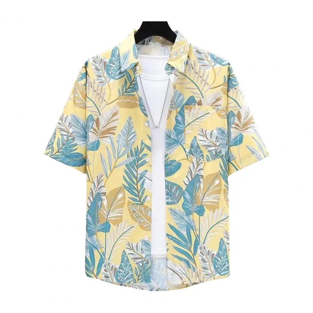 

Summer Men Shirt Leaf Print Short Sleeves Loose Single-breasted Turn-down Collar Top camisa masculina