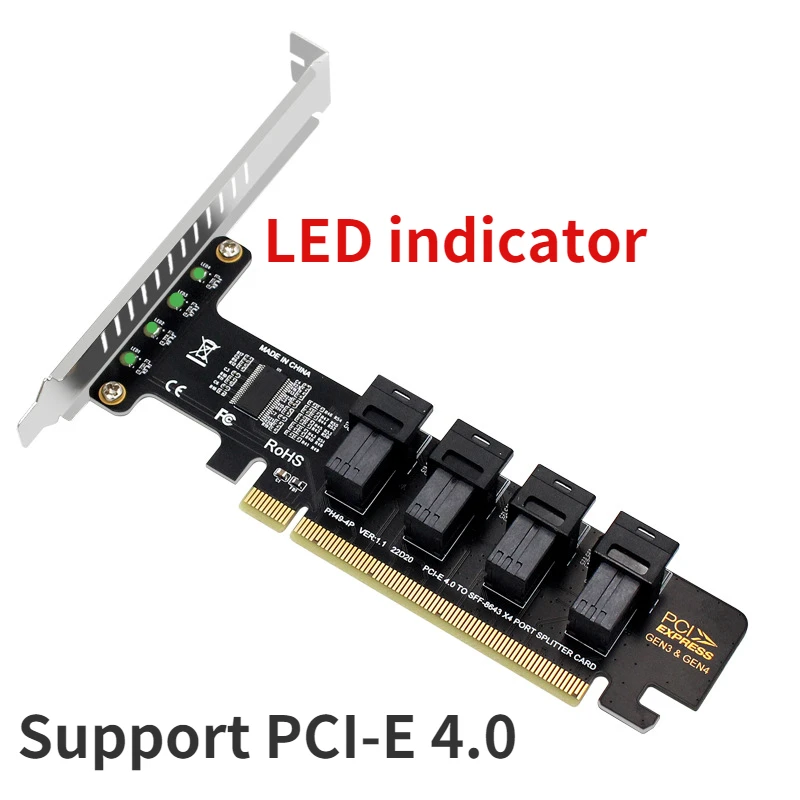 

PCI-E X16 To 4-Ports U.2 NVME SFF-8643 Expansion Card High Speed Transmission PCIe 4.0 Split Cards LED Indicator For 2U Chassis