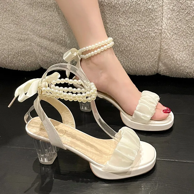 Fashion High-heeled Women\'s Shoes Summer New Chunky Heel Pearl Roman Sandals, Street Fashion Girly Style Women\'s Shoes