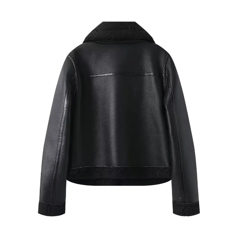 Giacca da donna in pelle e pelliccia, vestibilità ampia, con collo alto, patchwork, stile street, maniche lunghe, versatile, per autunno e inverno.