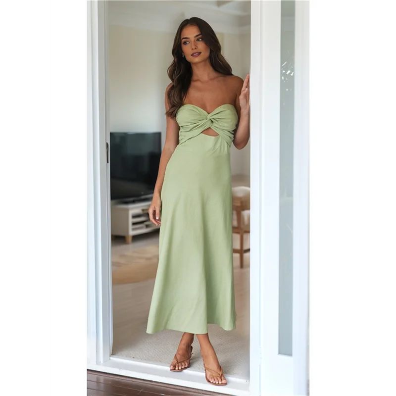 A83F-vestidos por debajo de la rodilla con escote corazón y tirantes en la parte delantera para mujer, vestido de lino con tubo recortado ahumado para invitados de boda