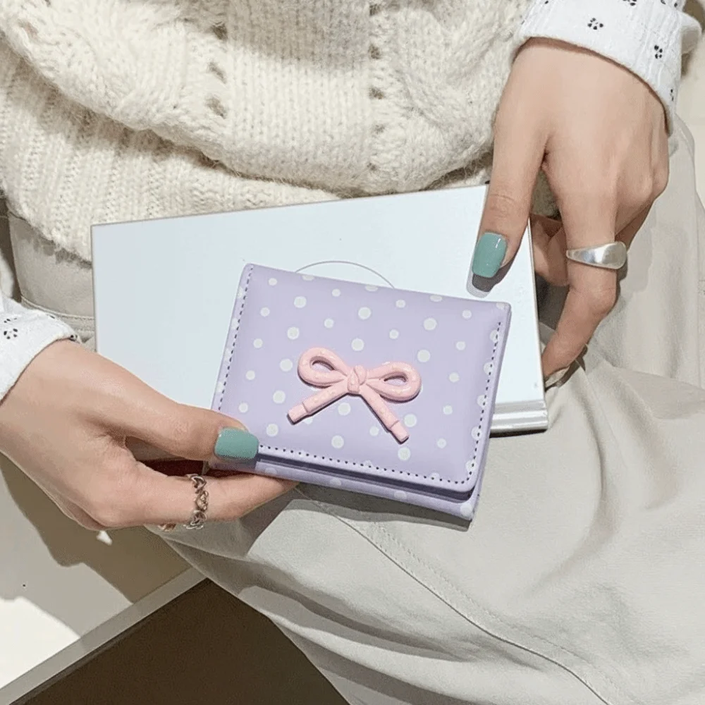Polka Dot Bowknot Short Wallet Dopamine Color Large Capacity Student Simplicity Wallet Coin Purse PU Leather Card Organizer Lady