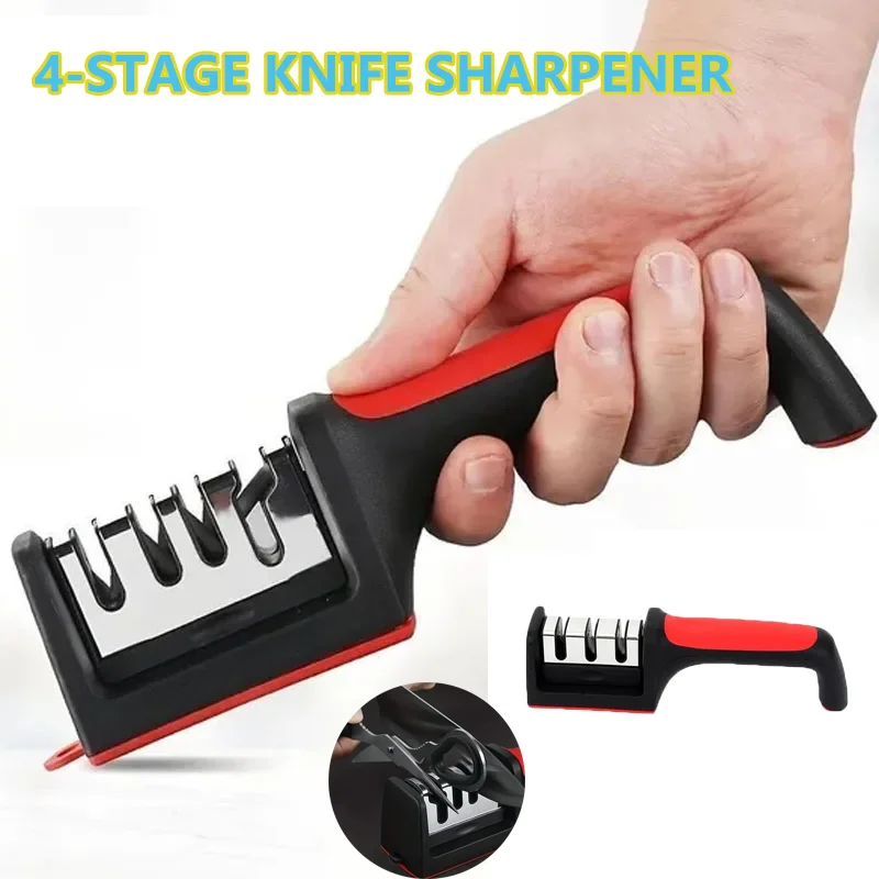 

Knife Sharpener Handheld Multi-function 4 Stages Type Quick Sharpening Tool Sharpening Stone with Non-slip Base for Kitchen