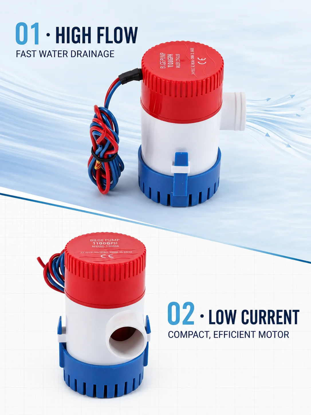 Bilgepumpe 12V 24V DC 350/500/750/1100GPH Nicht-Automatische Marine-Tauchpumpe für Boote, Yachten, Hausboote zur Wasserentwässerung – Detail 6