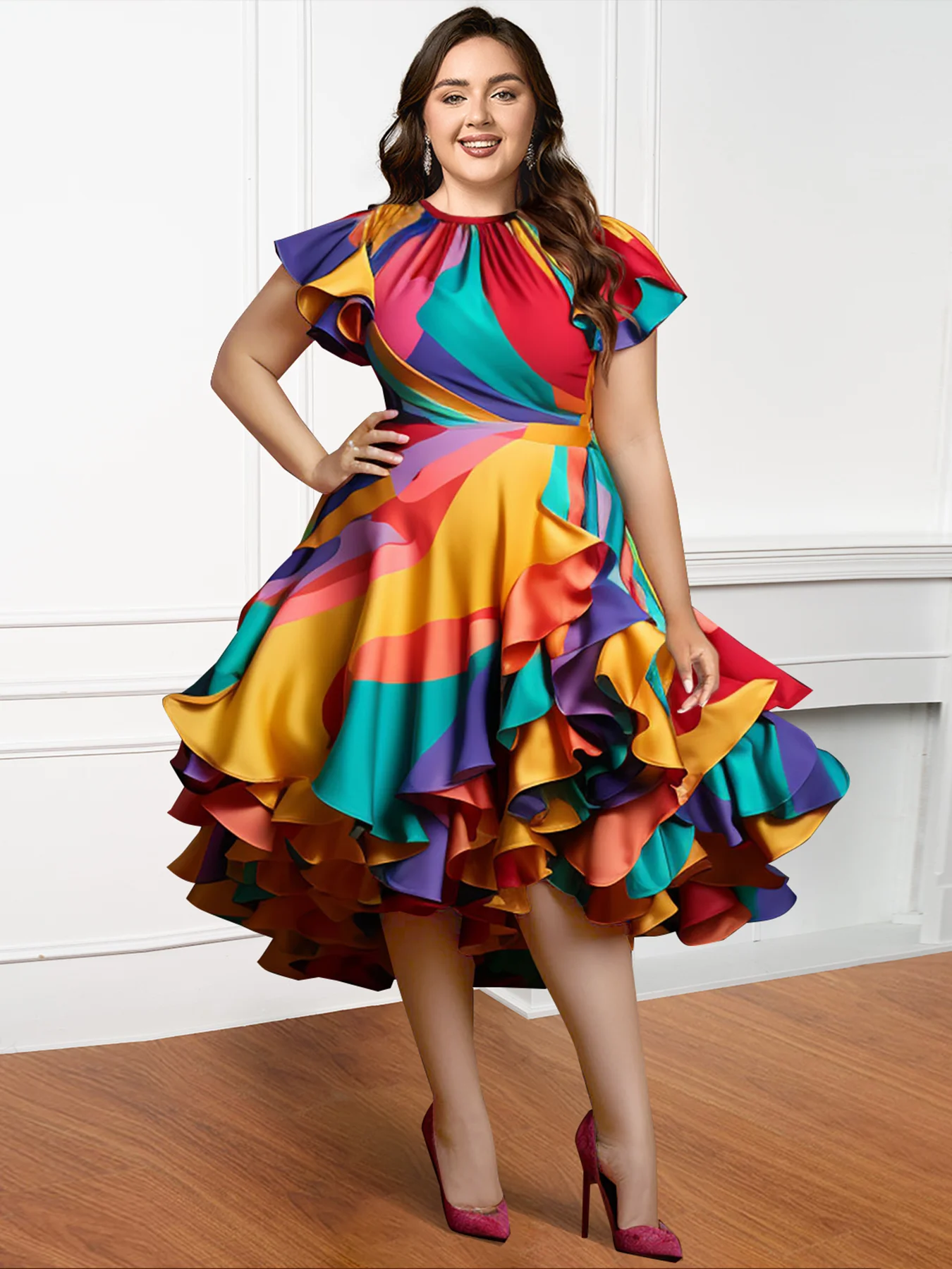 Pleated A-Line Ruffle Prom Dresses Plus Size Multicolor Round Neck Petal Sleeve Short Sleeve Elegant Sweet Satin Midi Dresses