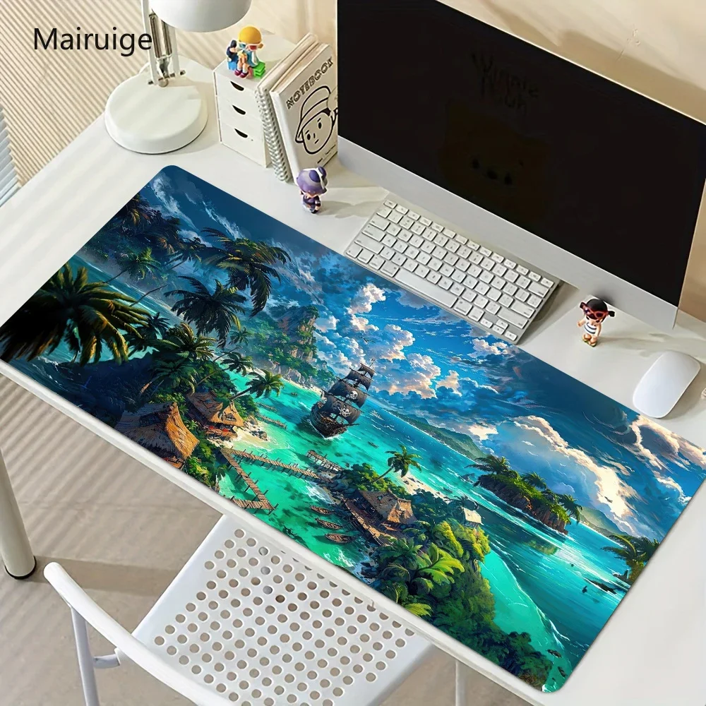 Summer Seaside Vacation Scenery Mouse Pad, Large-Sized Stitched Border Mouse Pad, Computer Desk Accessories, Game Table Pad