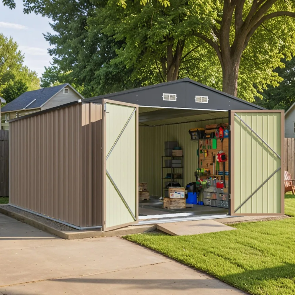 Cobertizo de almacenamiento de metal de 10x12 pies para exteriores con marco de piso, cobertizo para herramientas de jardín para todo tipo de clima con puerta bloqueable para patio trasero y patio