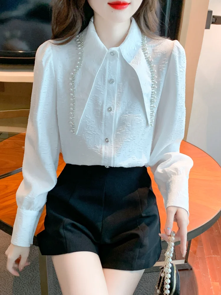 SMTHMA New Autumn Luxury Beaded Diamond Blouse Shirt For Women's Long Sleeve Versatile White Elegant  Top