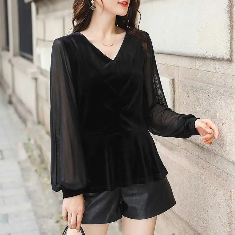 Fashion V-Neck Solid Color Spliced Folds Blouse Women\'s Clothing 2023 Spring New Loose Casual Pullovers All-match Korean Shirt