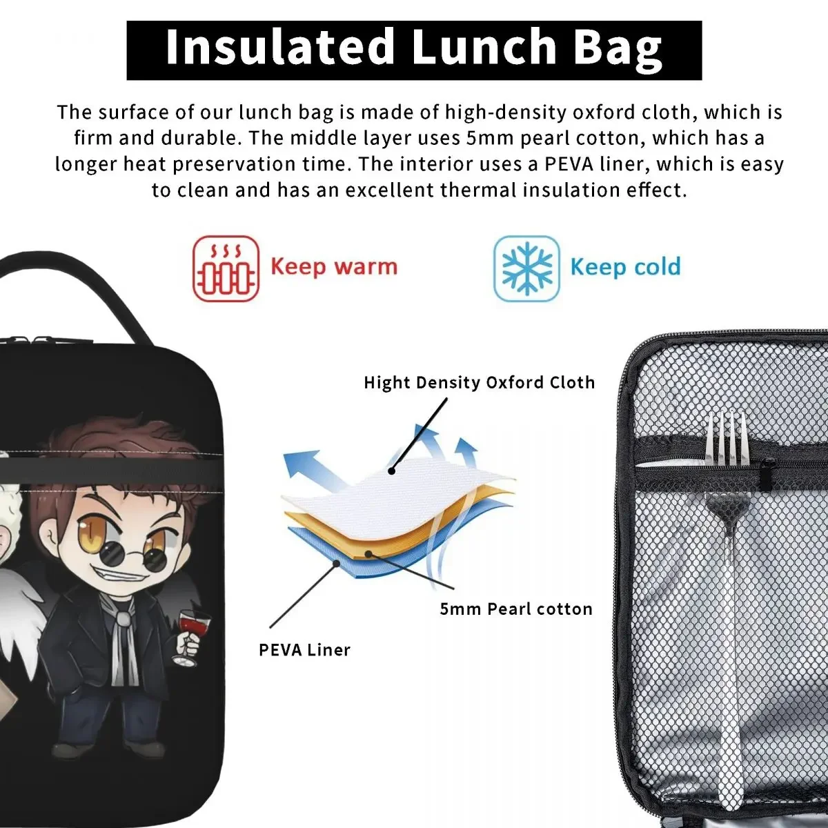 Sac à lunch isotherme Angel and Demon Good Omens, conteneur haute capacité, sac isotherme, boîte à lunch, fourre-tout, sacs de rangement des aliments pour l'école