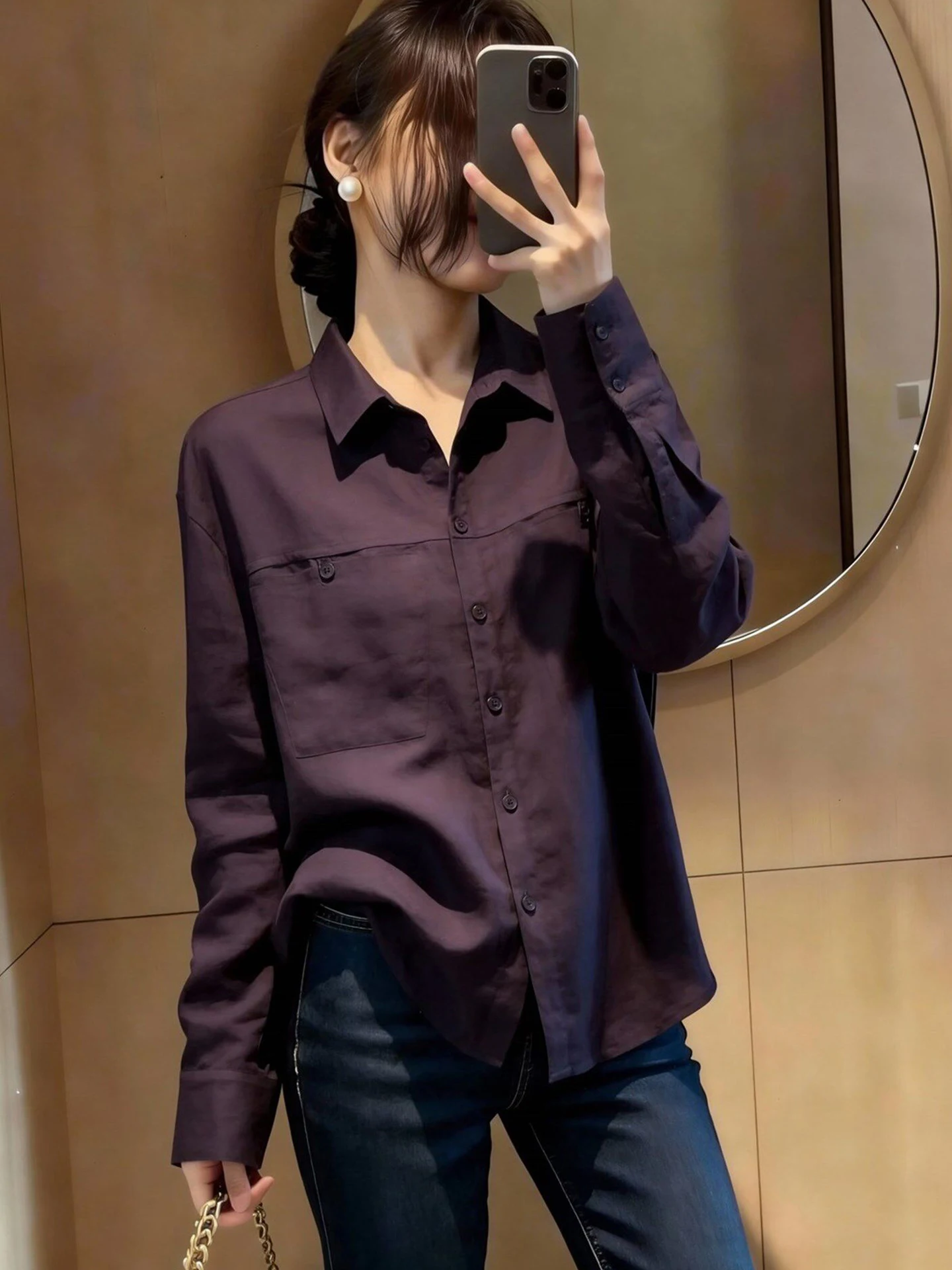 

Spring Fashion Single Button Long Sleeve Shirt Women's Commute Style Pure Color Versatile Elegant Korean Version Silk Top