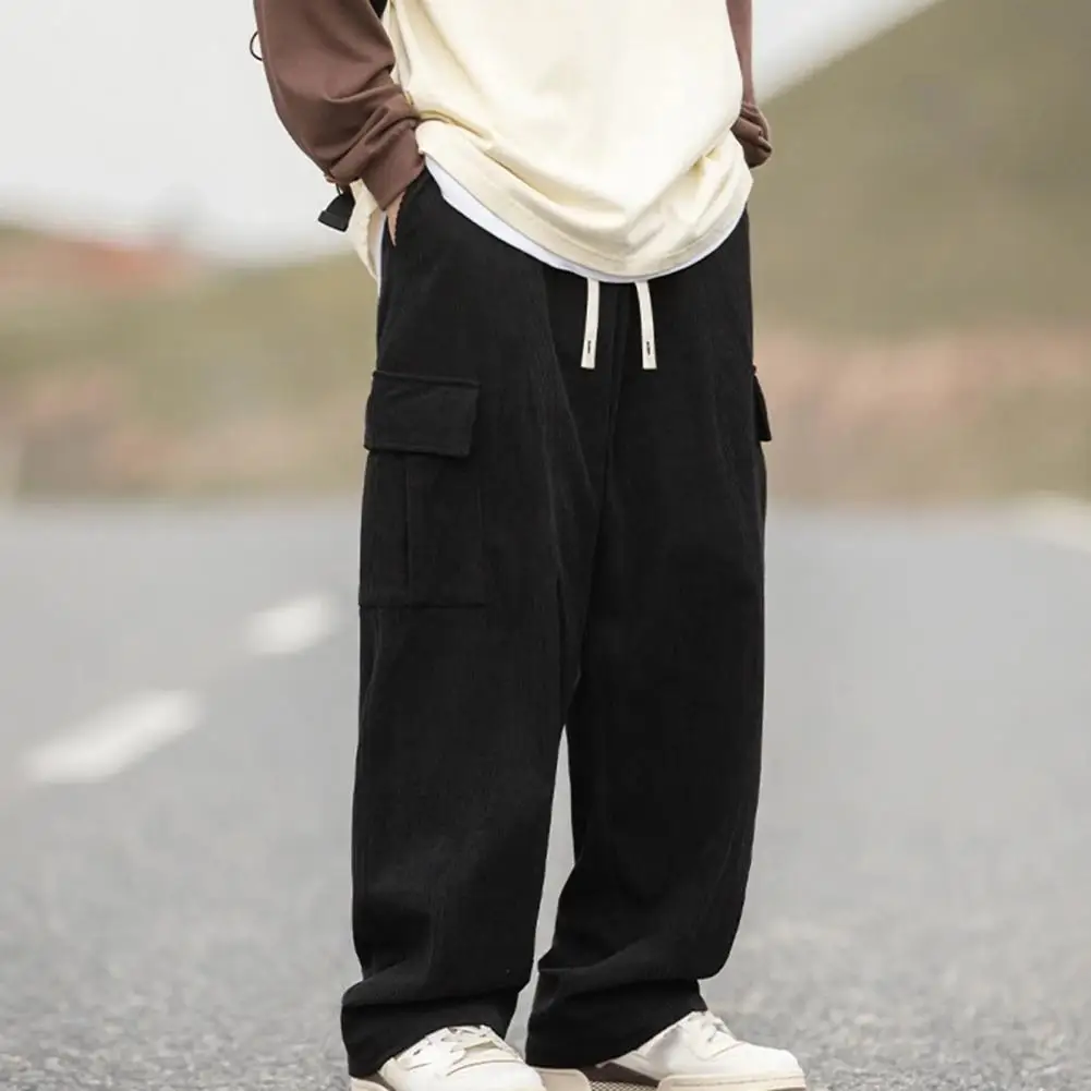 Мужские брюки с эластичной резинкой на талии, длинные брюки с регулируемым шнурком и карманами с клапанами, однотонные вельветовые брюки свободного покроя