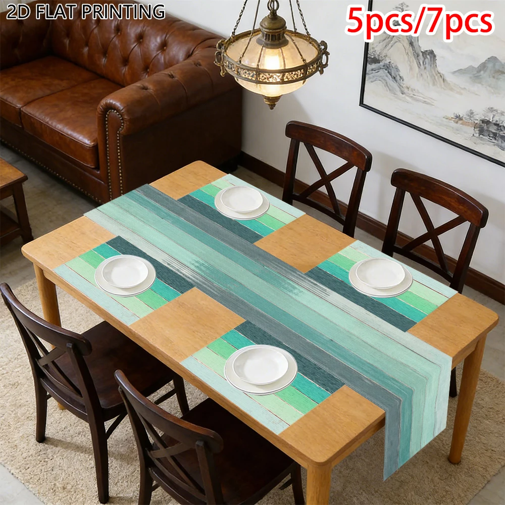 1pc Coastal Teal Wooden Plank Table Runner and Placemat For Home Diner For Kitchen Table Holiday Decor