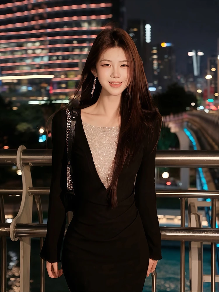 

Hebe Sle Velvet Sequin Patchwork V-ne Long Dr Women's Autumn Winter Slimming Ele High Waist Long Dr