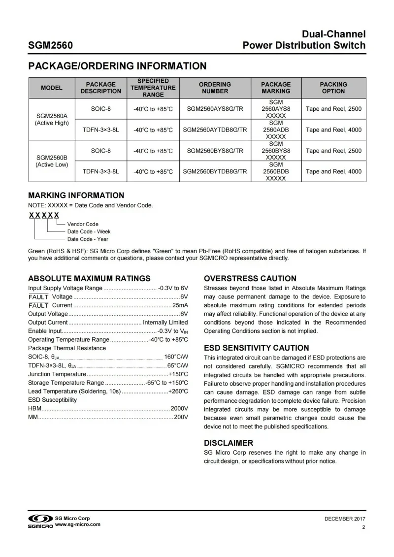 10Pcs/Lot SGM2560AYS8G/TR SOIC-8,Dual-Channel Power Distribution Switch,Electronics,Integrated Circuit IC