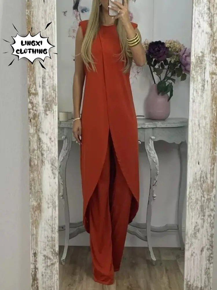 2023 Fashion Summer New Casual Sleeveless Round Neck Sunscreen Suit Large High Waist Wide Leg Pants Women\'s Two Piece Set