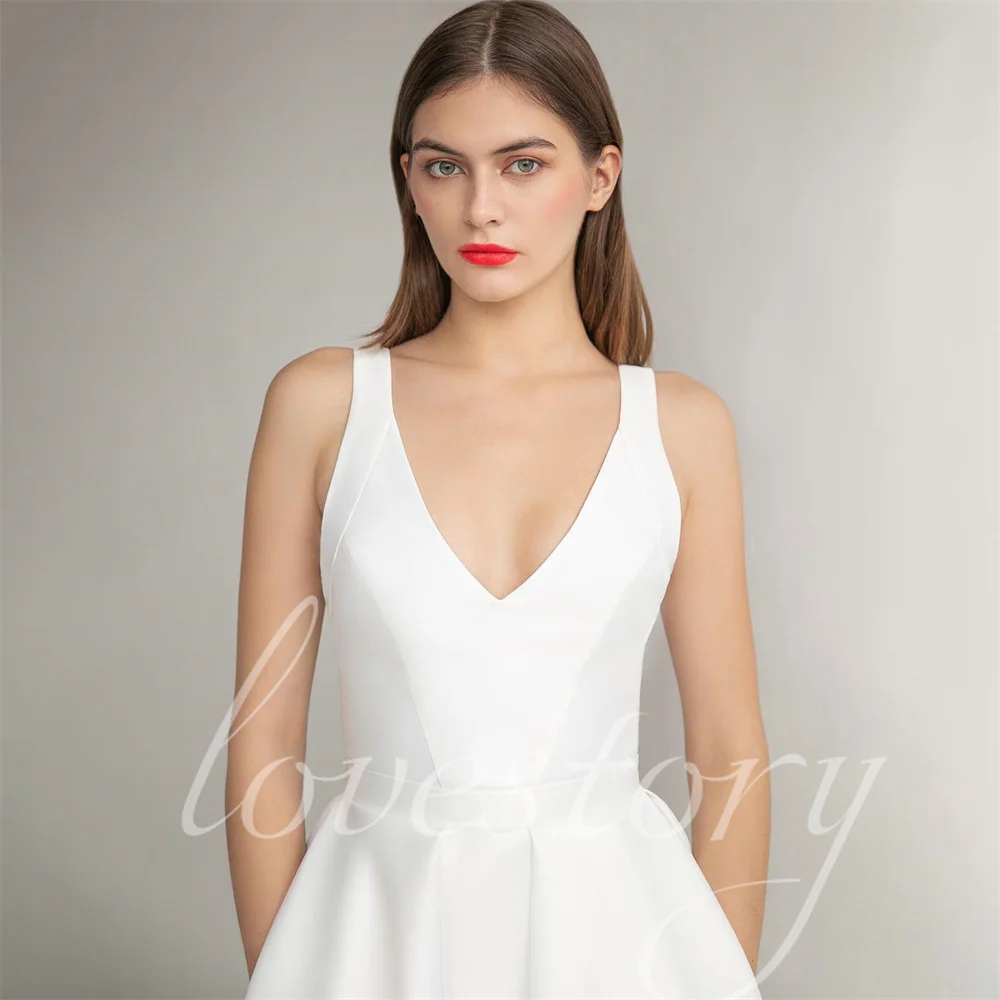 Simple A Line Wedding Dresses With Pockets Satin Mid Caf Sleeveless Bride Robes Elegant V Neck Bridal Gowns Vestidos De Noiva