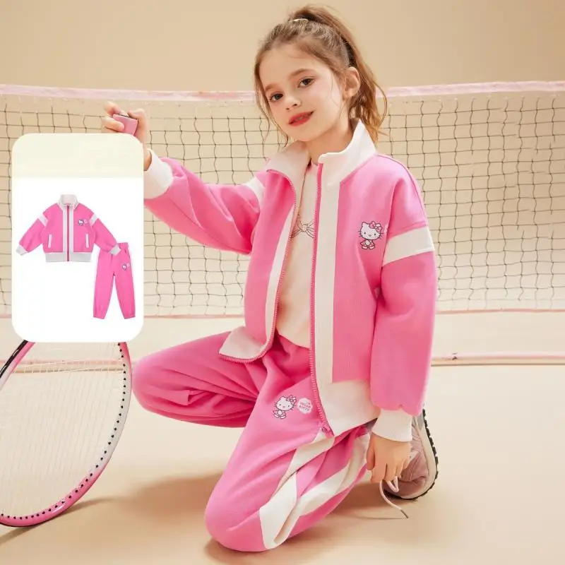 

Sanrio Hello Kitty Children Suit Spring Autumn Motion Coat Tops Pants Kawaii Anime Fashion New Style Casual Girl Clothing Hot