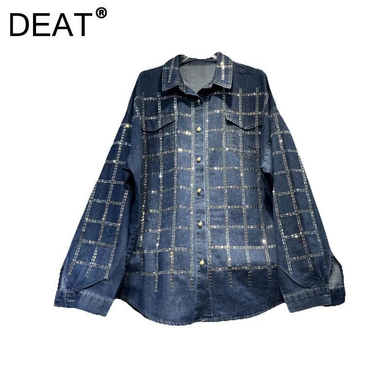 DEAT Women's Denim Blouse Diamonds Plaid Loose Single Breasted Solid Color Female Lapel Shirt 2024 New Fashion Winter 29L9036