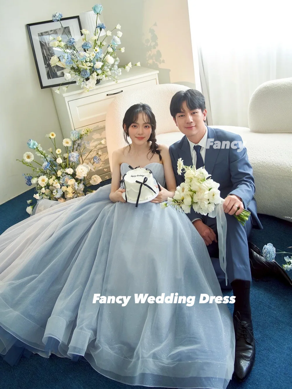 Fancy Princess Blue Sweetheart Wedding Dress Korea Photoshoot A Line Soft Tulle Bridal Gown Floor Length Back Corset Customized