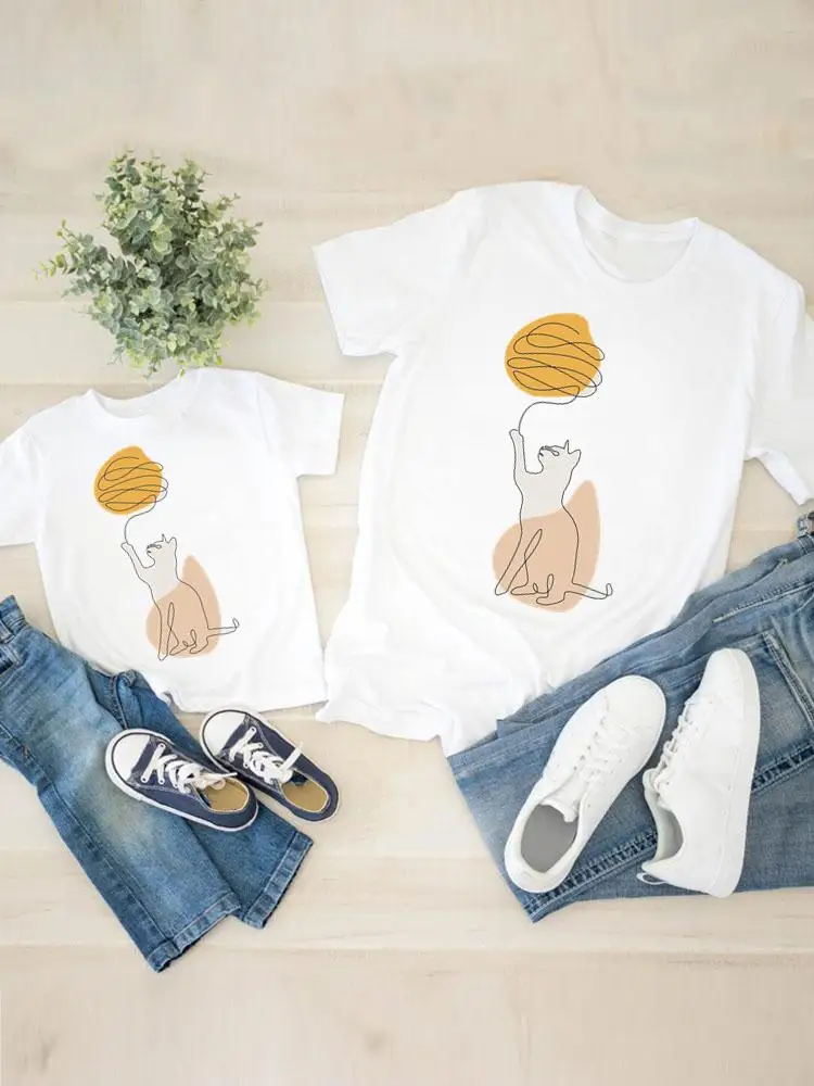 

Clothing Women Kid Son Child Watercolor Cat Trend 90s Summer Family Matching Outfits Mom Mama Mother Tshirt Tee T-shirt Clothes