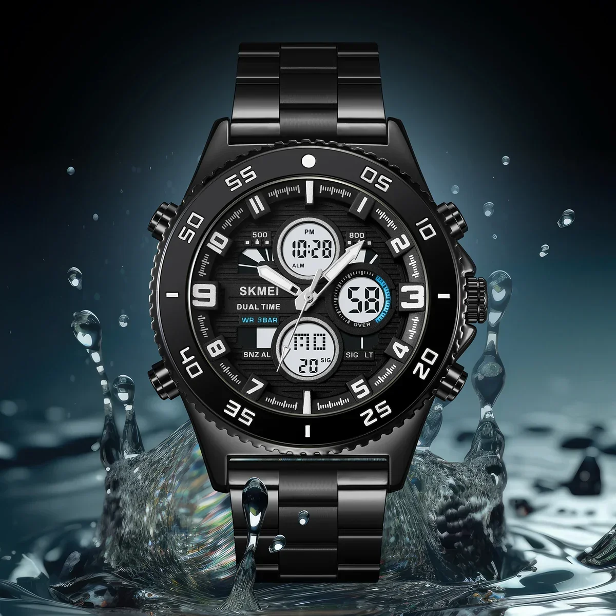 Skmei 2205 horloges mannen moda esporte relógio digital relógios masculinos de aço inoxidável 5bar à prova dwaterproof água dupla exibição relógios pulso