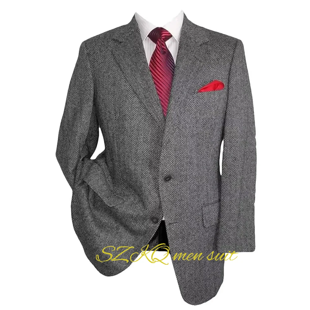 Tweed Blazer Men Vintage Casual Herringbone Tweed Suit Jackets Two Button Notch Lapel Wool Blend Sports Coat