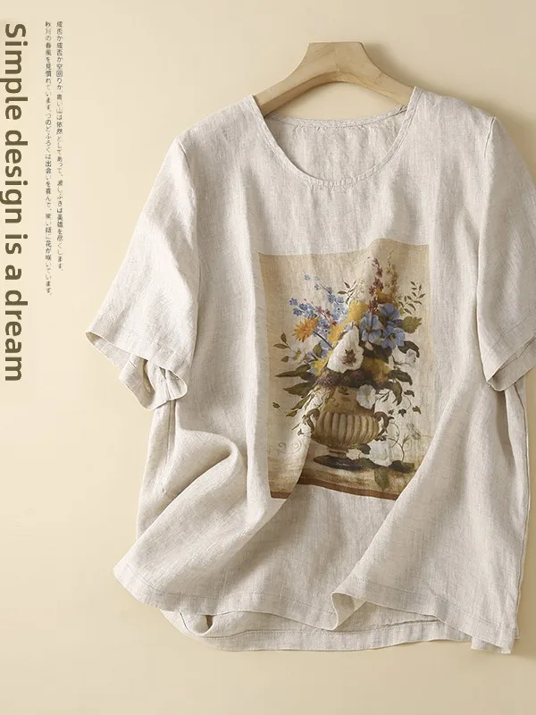 

High-End Summer Vintage Print Loose Fit round Neck T-Shirt Artistic Commute Style Short Sleeve Casual Top for Women